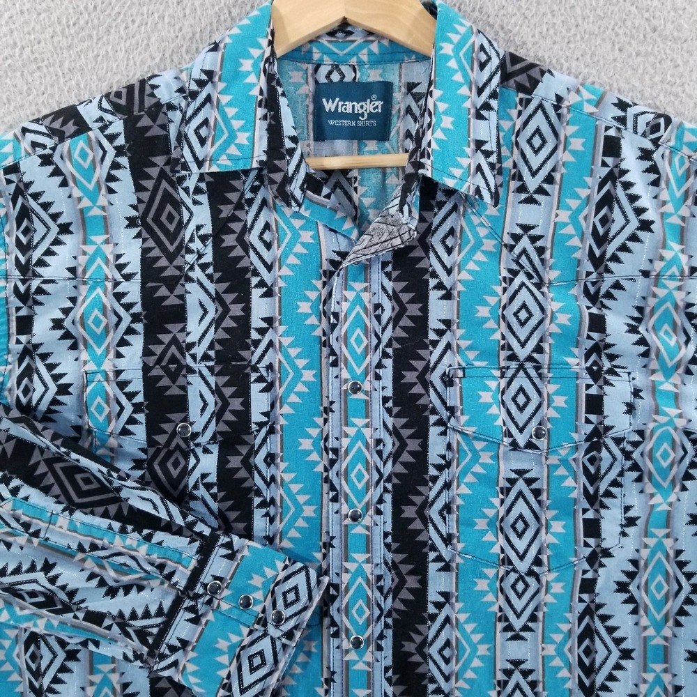 Wrangler Pearl Snap Shirt Large Aztec Southwest Western Rodeo Turquoise Black